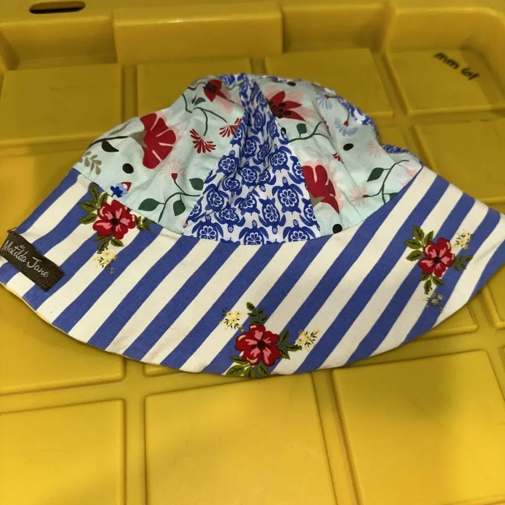 Matilda Jane Hat Reversible Patchwork Polka Dots Floral Stripe Blue Yellow Baby